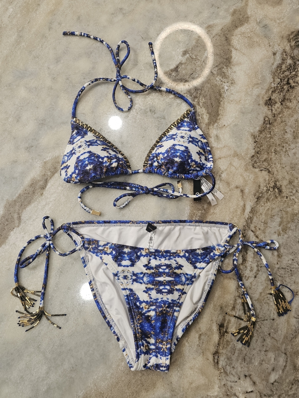 Blue Marble Tie-Side Bikini Set with Gold Trim